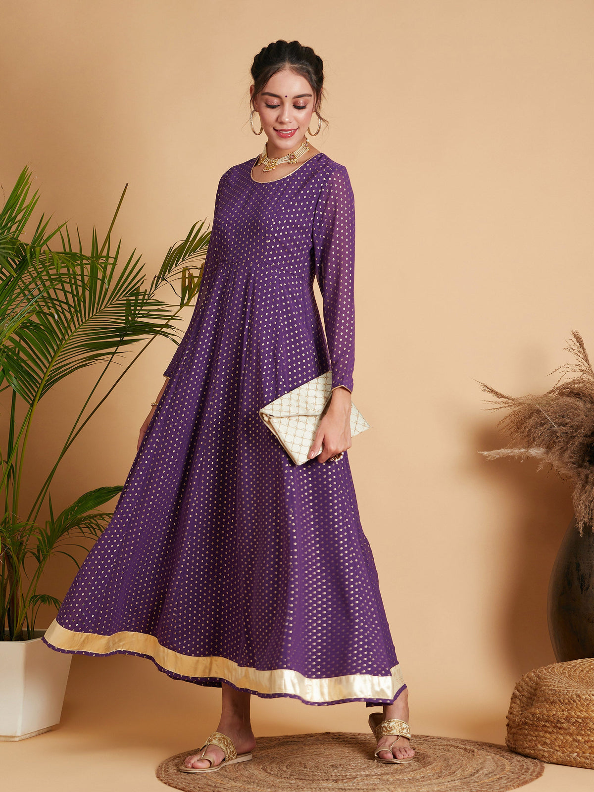 Purple Dot Foil Print Anarkali Dress-Shae by SASSAFRAS