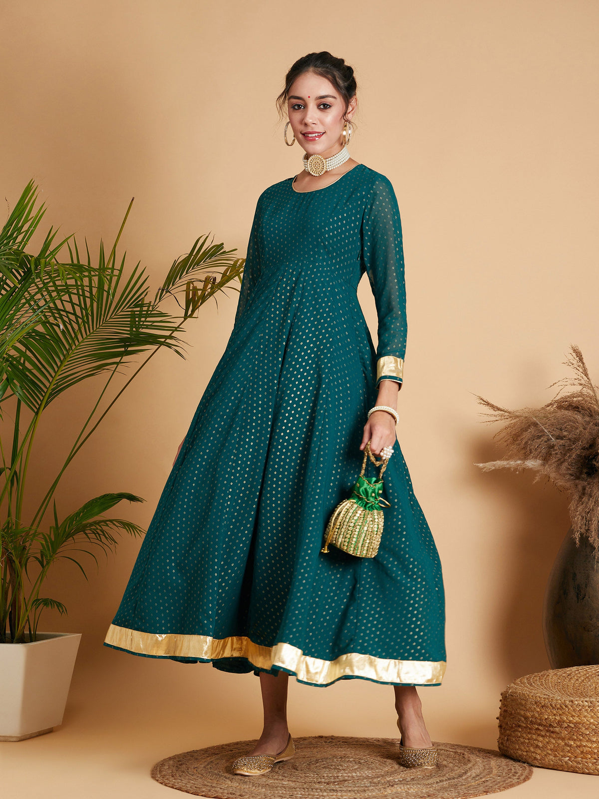 Emerald Dot Foil Print Anarkali Dress-Shae by SASSAFRAS