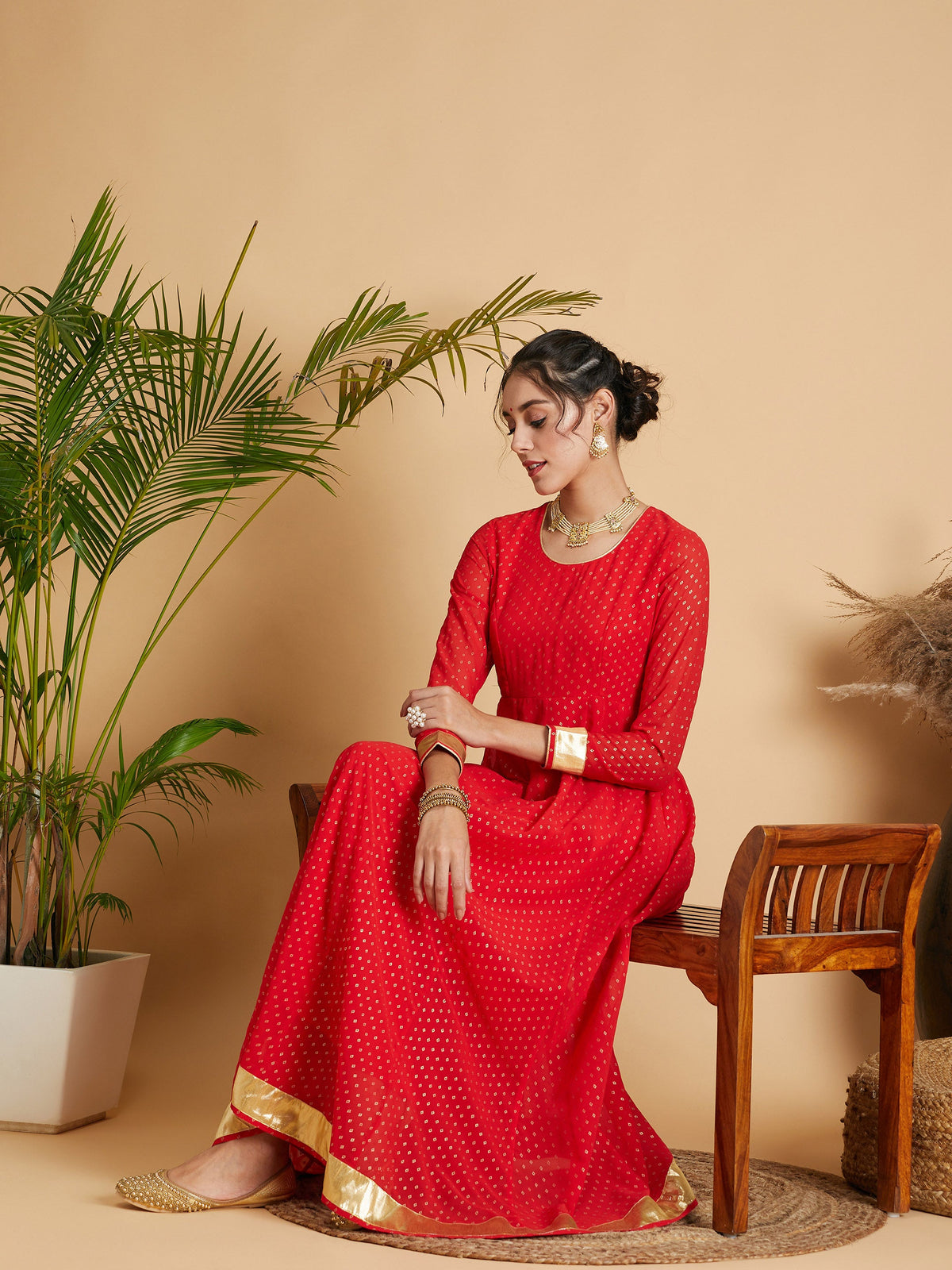 Red Dot Foil Print Anarkali Dress-Shae by SASSAFRAS