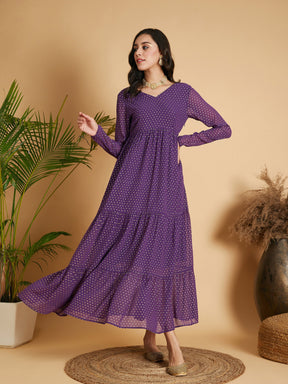 Purple Dot Foil Print Tiered Maxi Dress-Shae by SASSAFRAS
