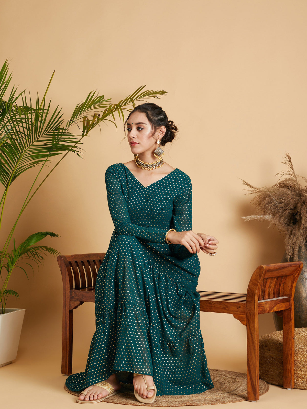 Emerald Dot Foil Print Tiered Maxi Dress-Shae by SASSAFRAS