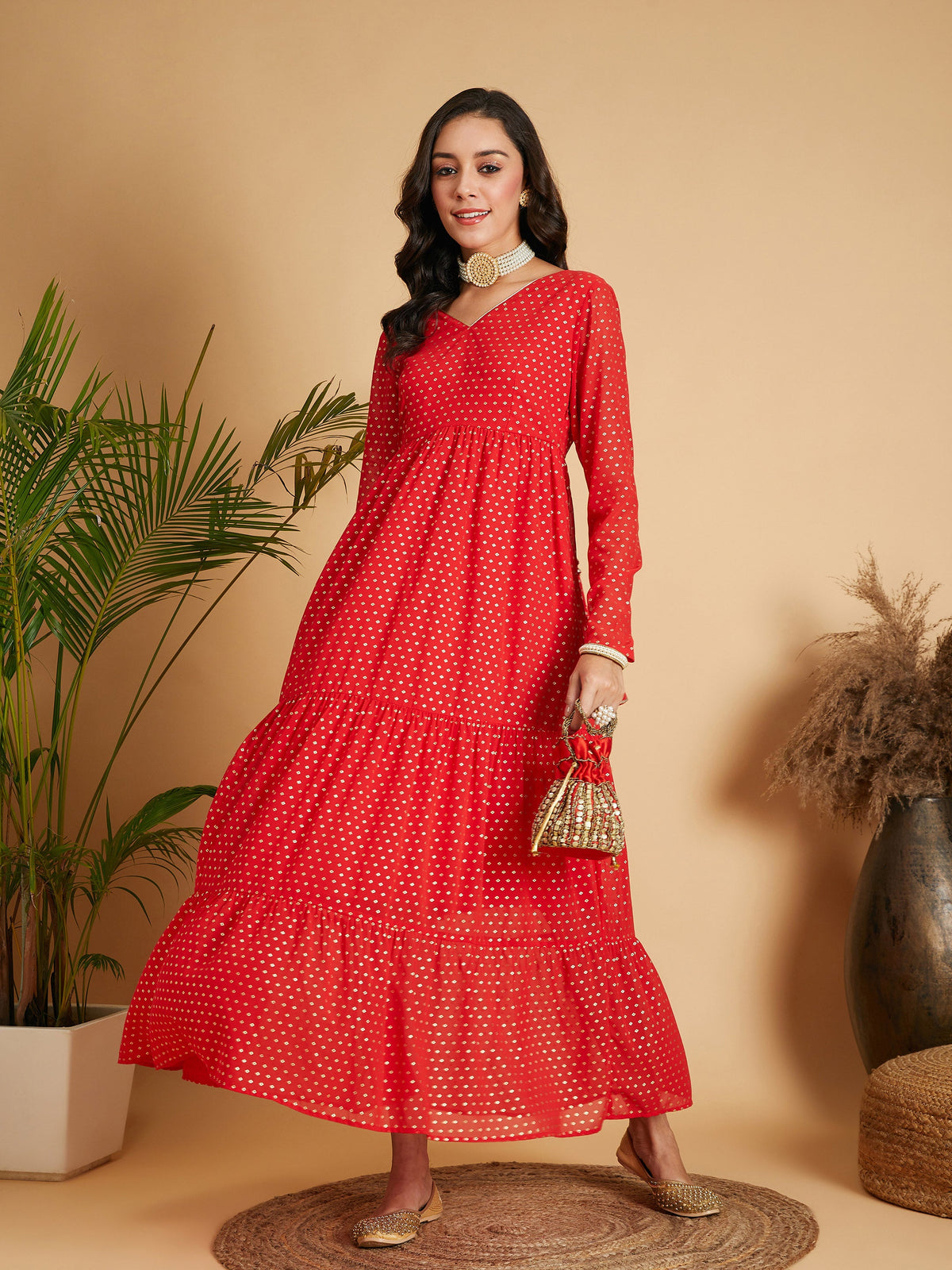 Red Dot Foil Print Tiered Maxi Dress-Shae by SASSAFRAS