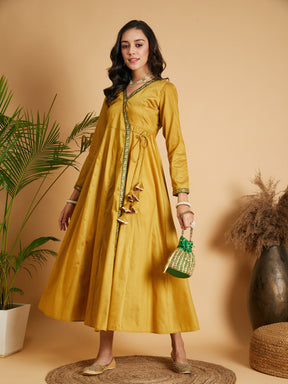 Mustard Angrakha Anarkali Dress With Slip-Shae by SASSAFRAS