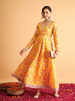 Yellow Floral Anarkali Maxi Dress-Shae by SASSAFRAS