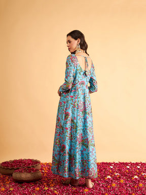 Blue Floral Round Neck Anarkali Maxi Dress-Shae by SASSAFRAS