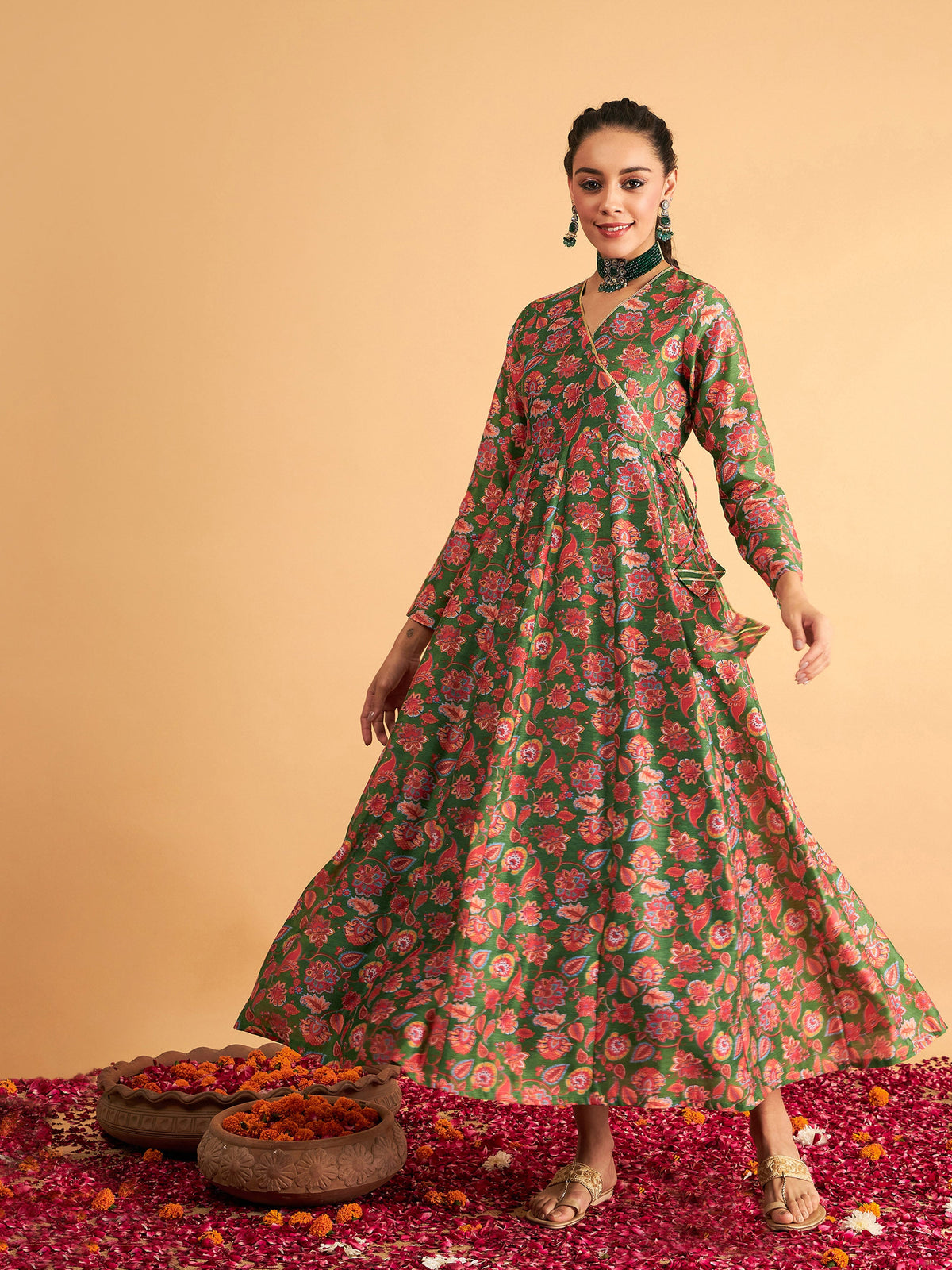 Green Floral Wrap Neck Anarkali Maxi Dress-Shae by SASSAFRAS