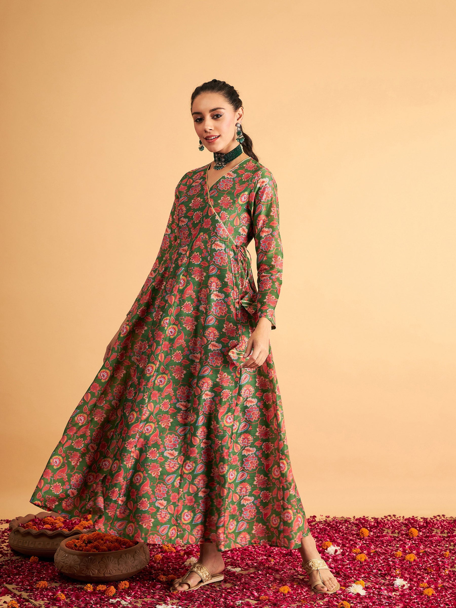 Green Floral Wrap Neck Anarkali Maxi Dress-Shae by SASSAFRAS