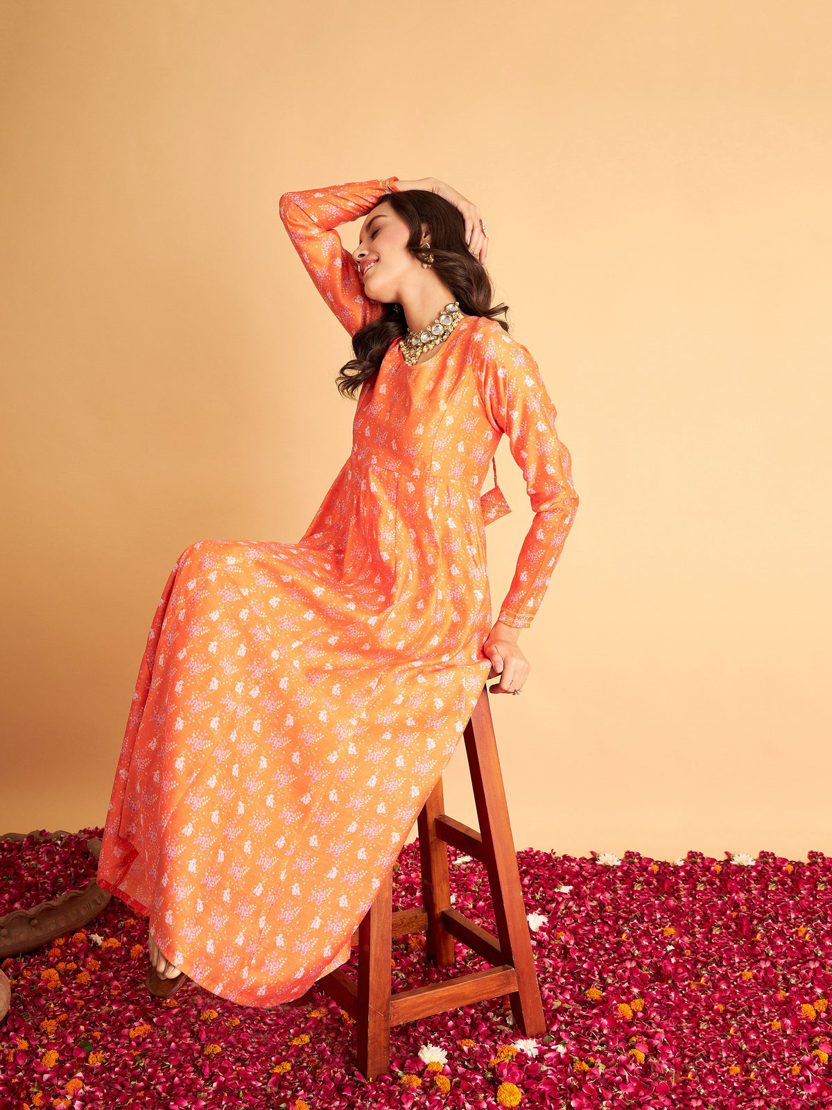 Orange Floral Round Neck Anarkali Maxi Dress-Shae by SASSAFRAS