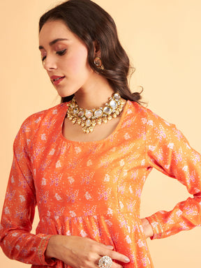 Orange Floral Round Neck Anarkali Maxi Dress-Shae by SASSAFRAS