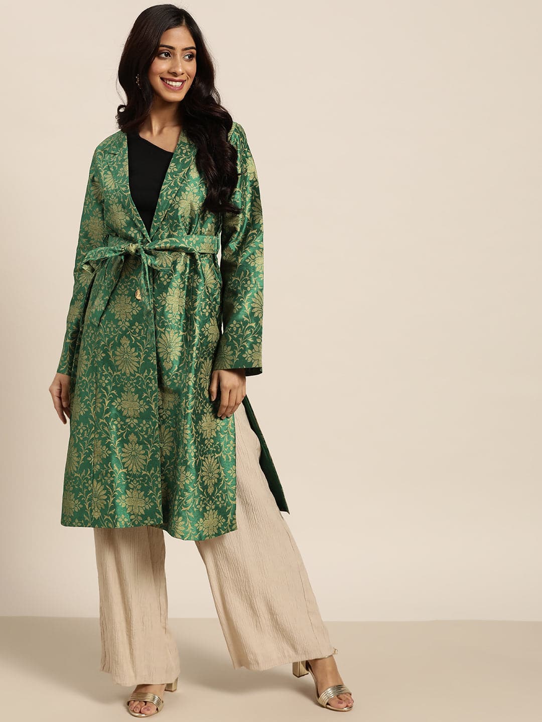 Green Jacquard Floral Self-Belt Long Jacket-Jackets-SASSAFRAS