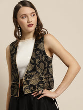 Black Jacquard Floral Sleeveless Waist Coat-Jackets-SASSAFRAS
