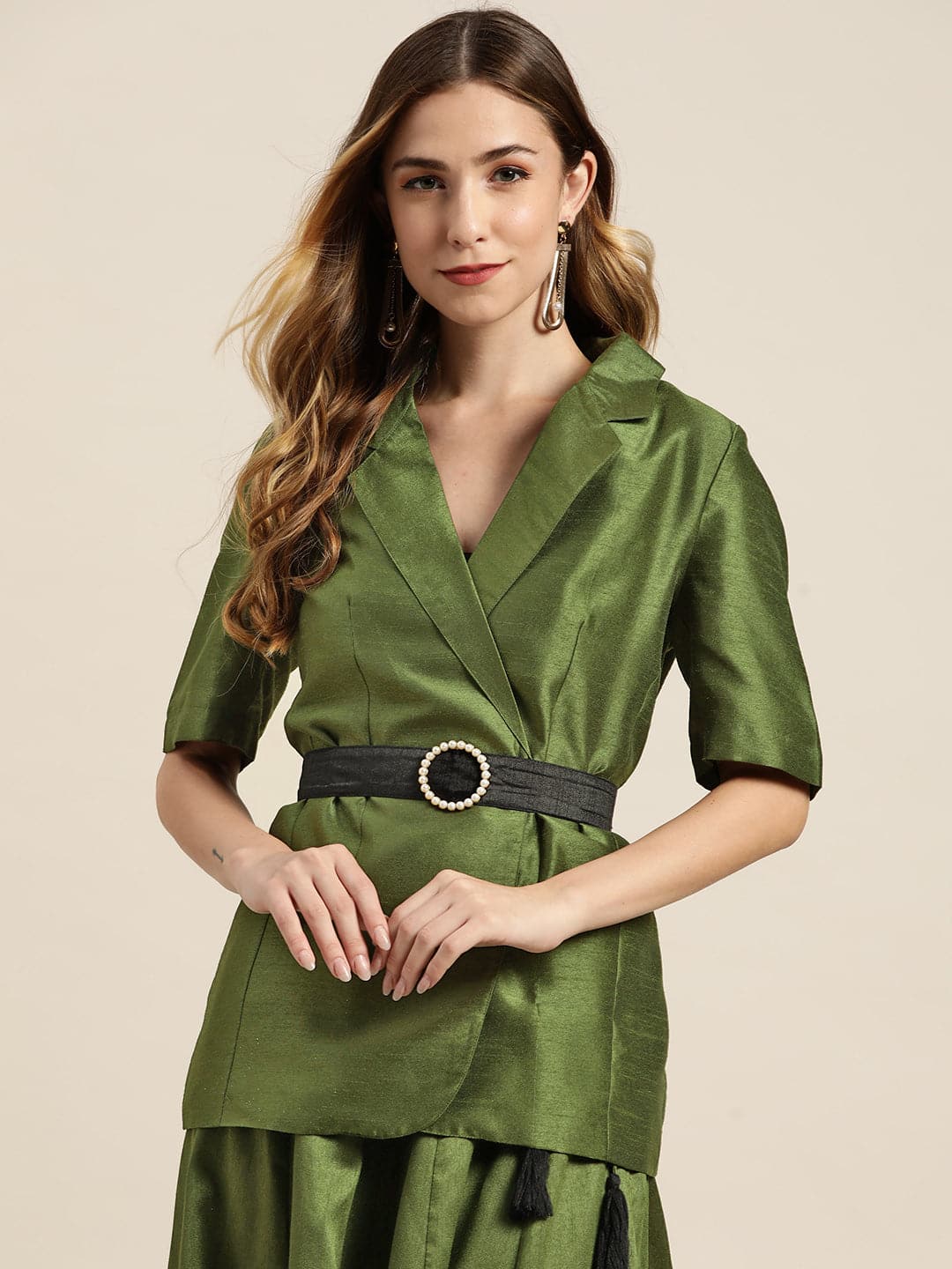 Green Short Sleeve Fabric-Belt Blazer-Jackets-SASSAFRAS
