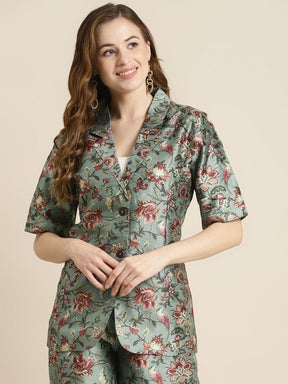 Olive Floral Short Sleeves Blazer-Jackets-SASSAFRAS