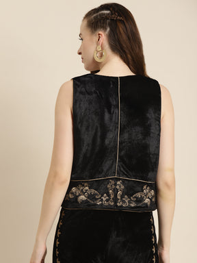 Black Embroidered Velvet Waistcoat