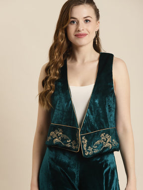 Teal Embroidered Velvet Waistcoat-Jackets-SASSAFRAS