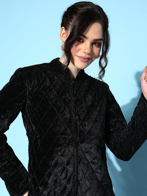 Women Black Velvet Full Sleeve Quilted Jacket