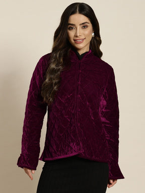 Burgundy Velvet Full Sleeve Quilted Jacket-Shae by SASSAFRAS