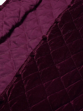 Women Burgundy Velvet Sleeveless Quilted Jacket