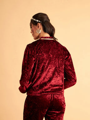 Maroon Velvet Front Embroidered Jacket-Shae by SASSAFRAS