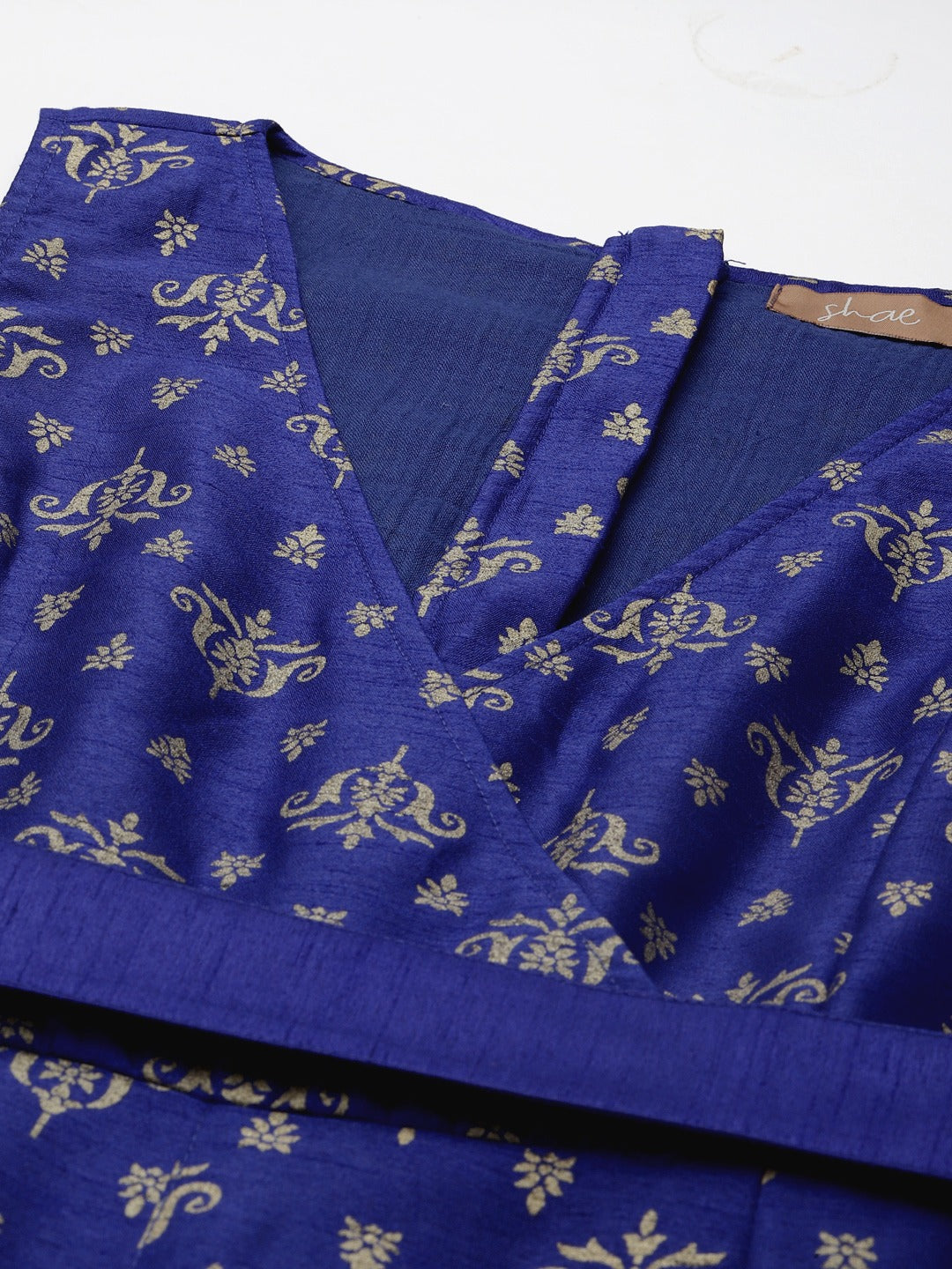 Blue Foil Print Fabric-Belt Jumpsuit