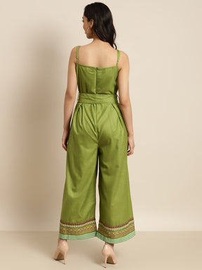 Women Green Floral Border Print Strappy Jumpsuit