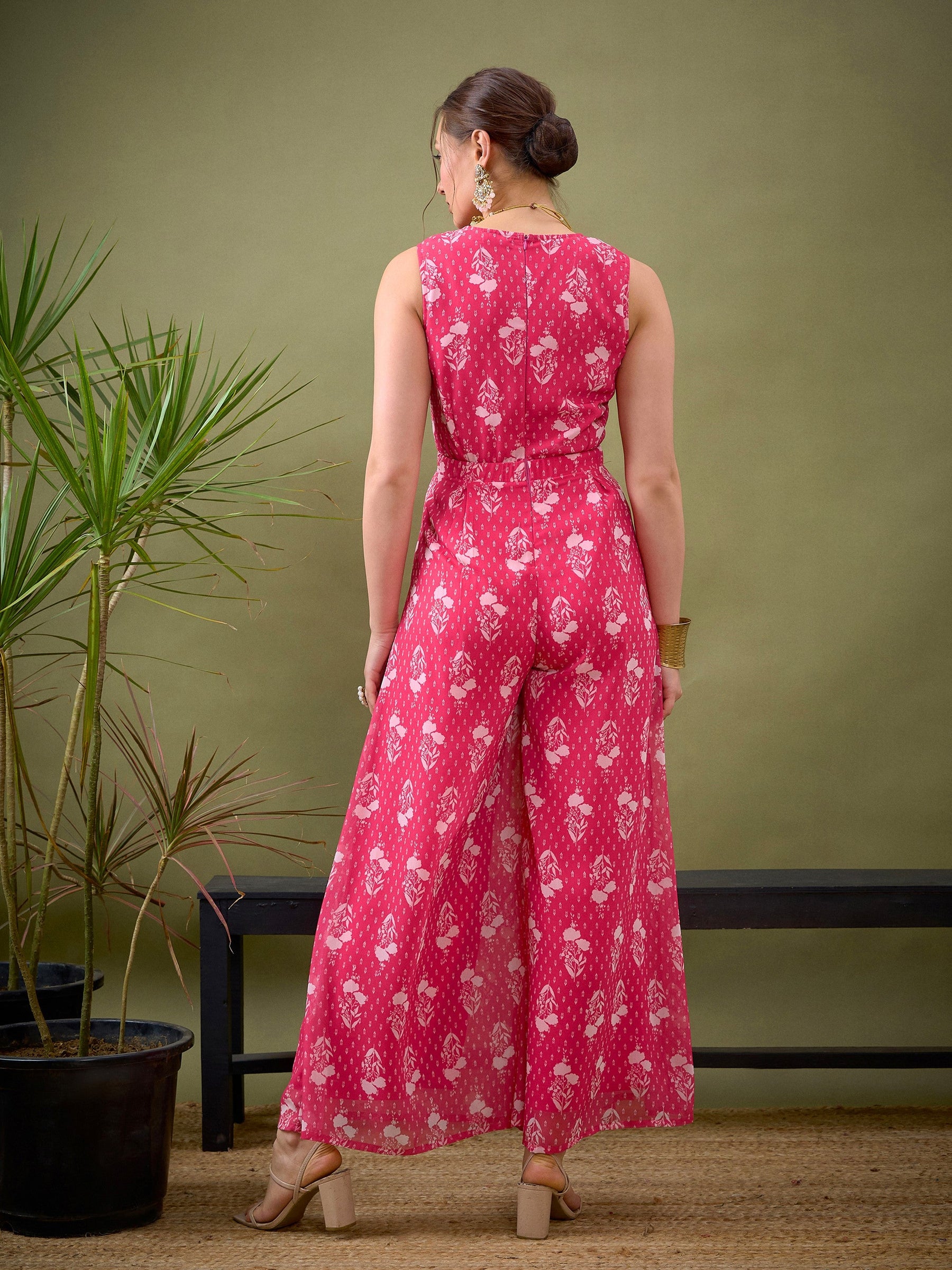 Fuchsia Floral Wrap Sleeveless Jumpsuit-Shae by SASSAFRAS