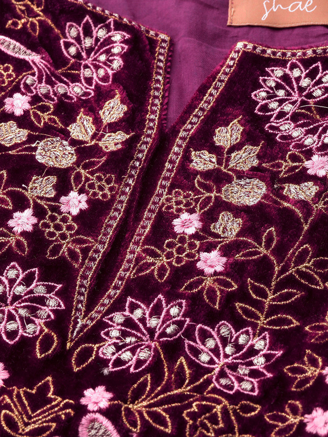 Purple Velvet Flute Sleeve Embroidery Kurta