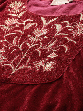 Maroon Embroidered Straight Velvet Kurta