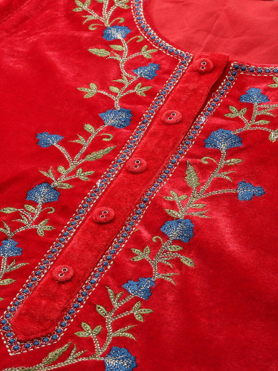 Red Zari Embroidered Placket Kurta