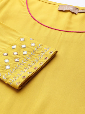 Yellow Sleeve Embroidered Liva Kurta