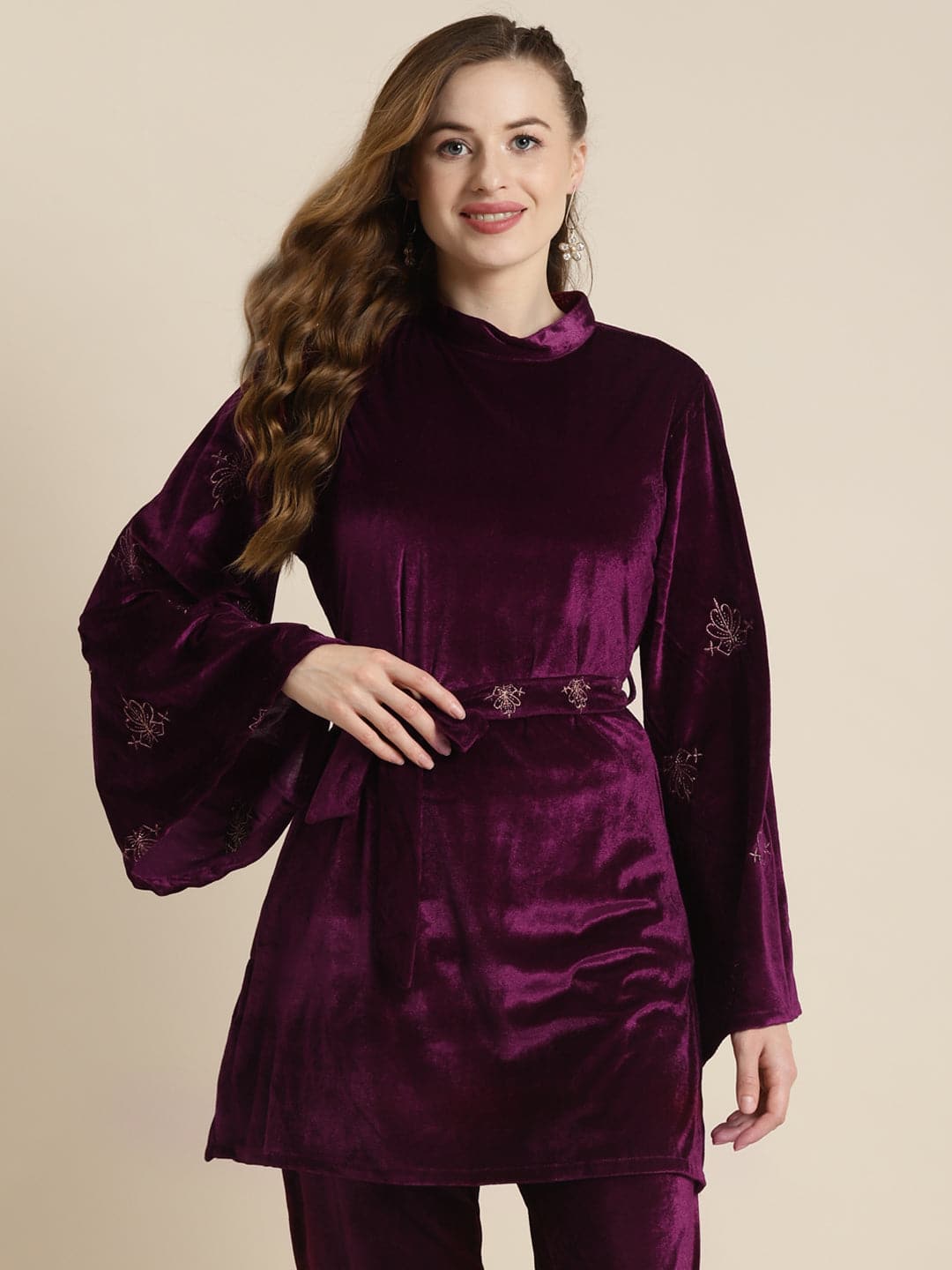 Purple Velvet Zari Embroidered Belt Short Kurta-Kurtas-SASSAFRAS