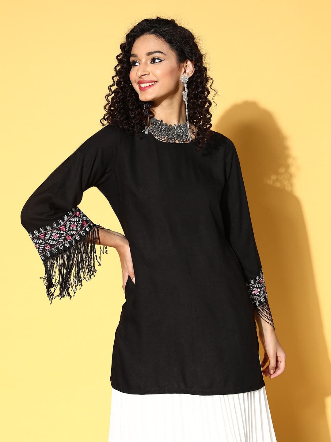 Women Black Embroidered Fringe Lace Short Kurta-Kurtas-SASSAFRAS