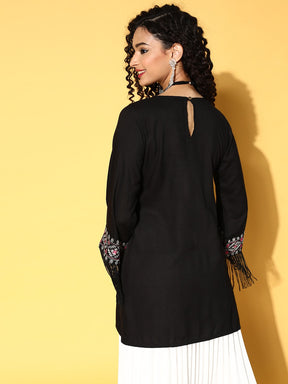 Women Black Embroidered Fringe Lace Short Kurta