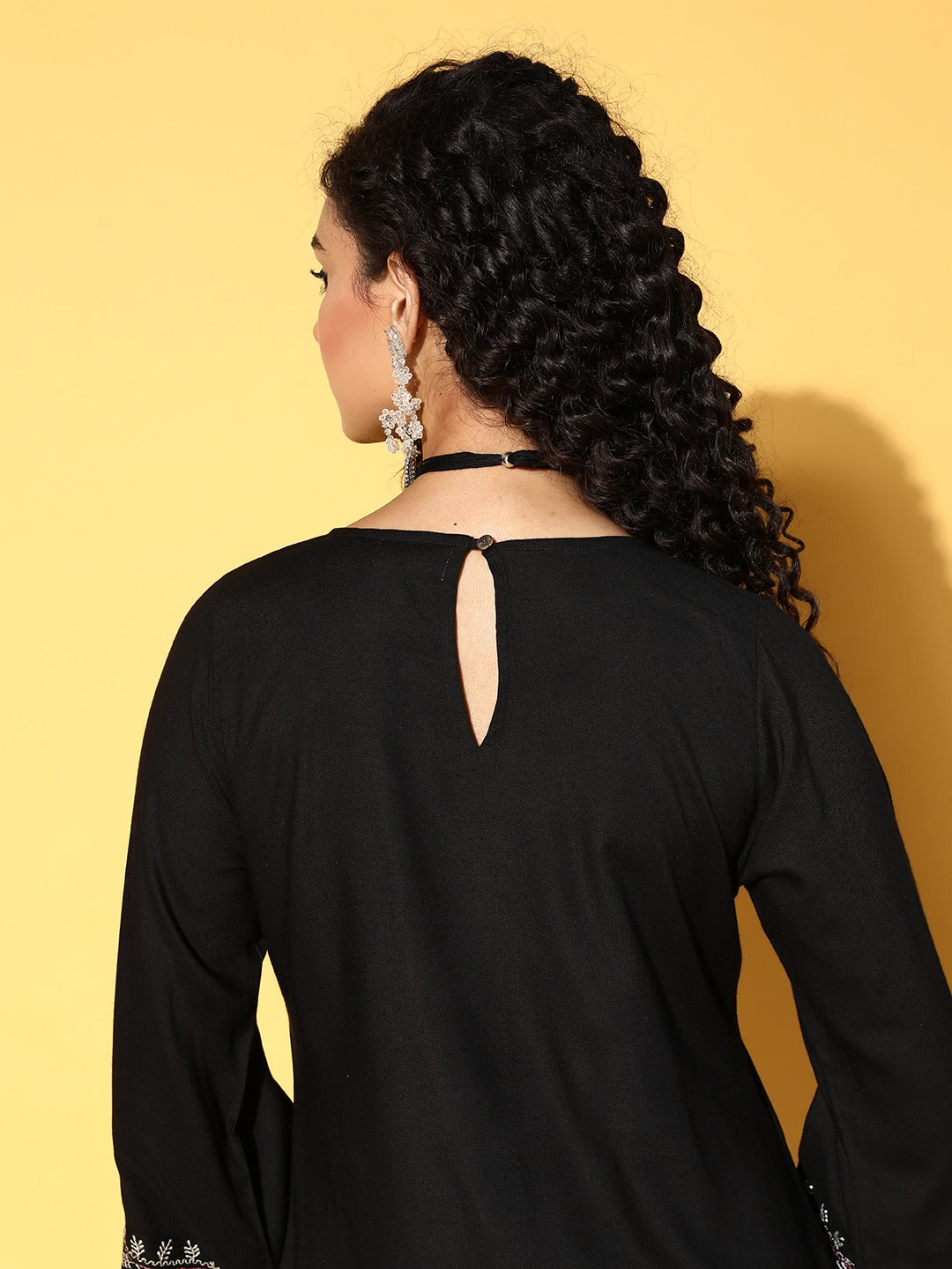 Women Black Embroidered Fringe Lace Short Kurta