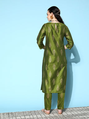 Green Cotton Silk Floral Foil Straight Kurta-Shae by SASSAFRAS