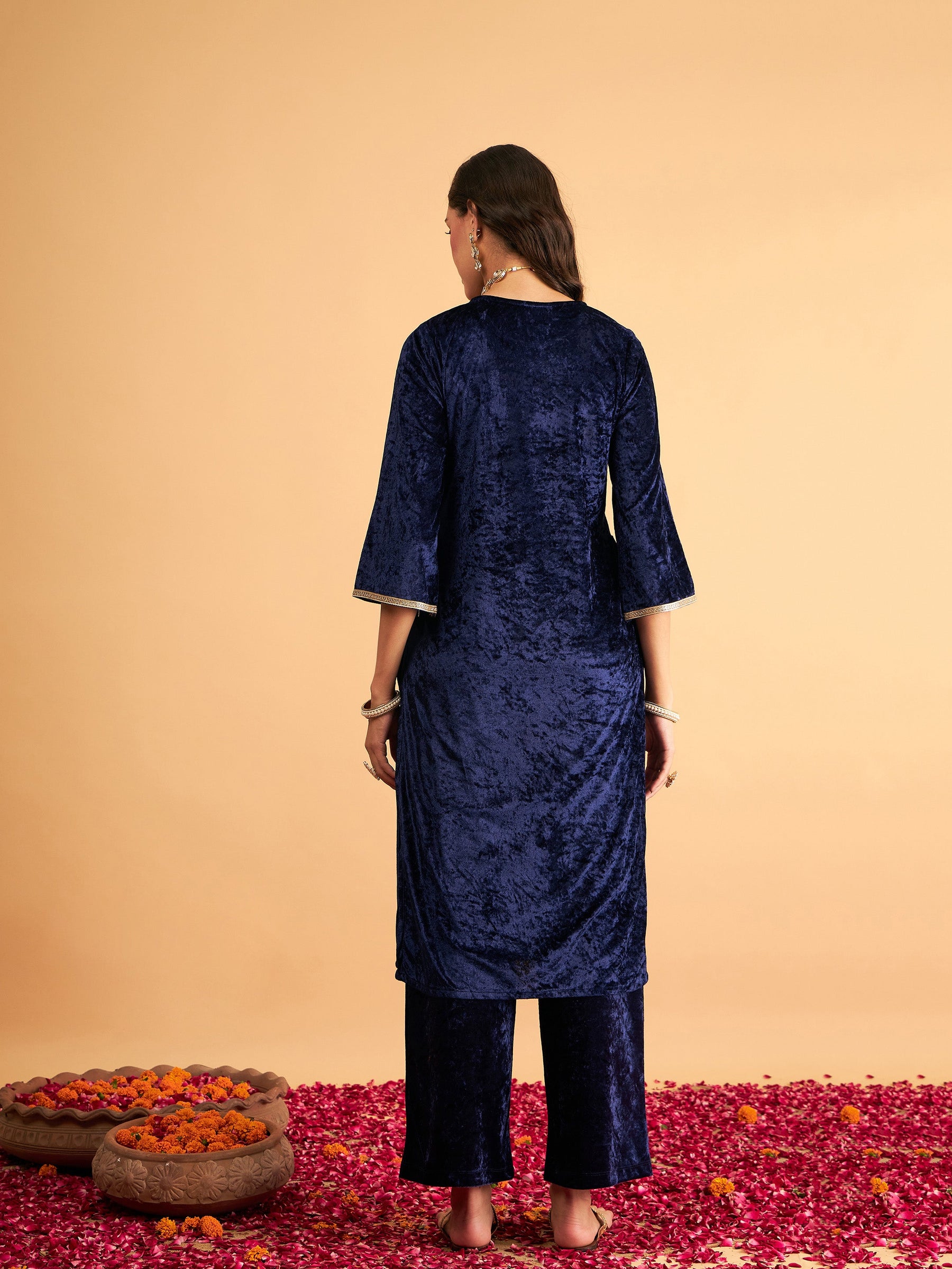 Navy Blue Velvet Front Zari Embroidered Straight Kurta-Shae by SASSAFRAS
