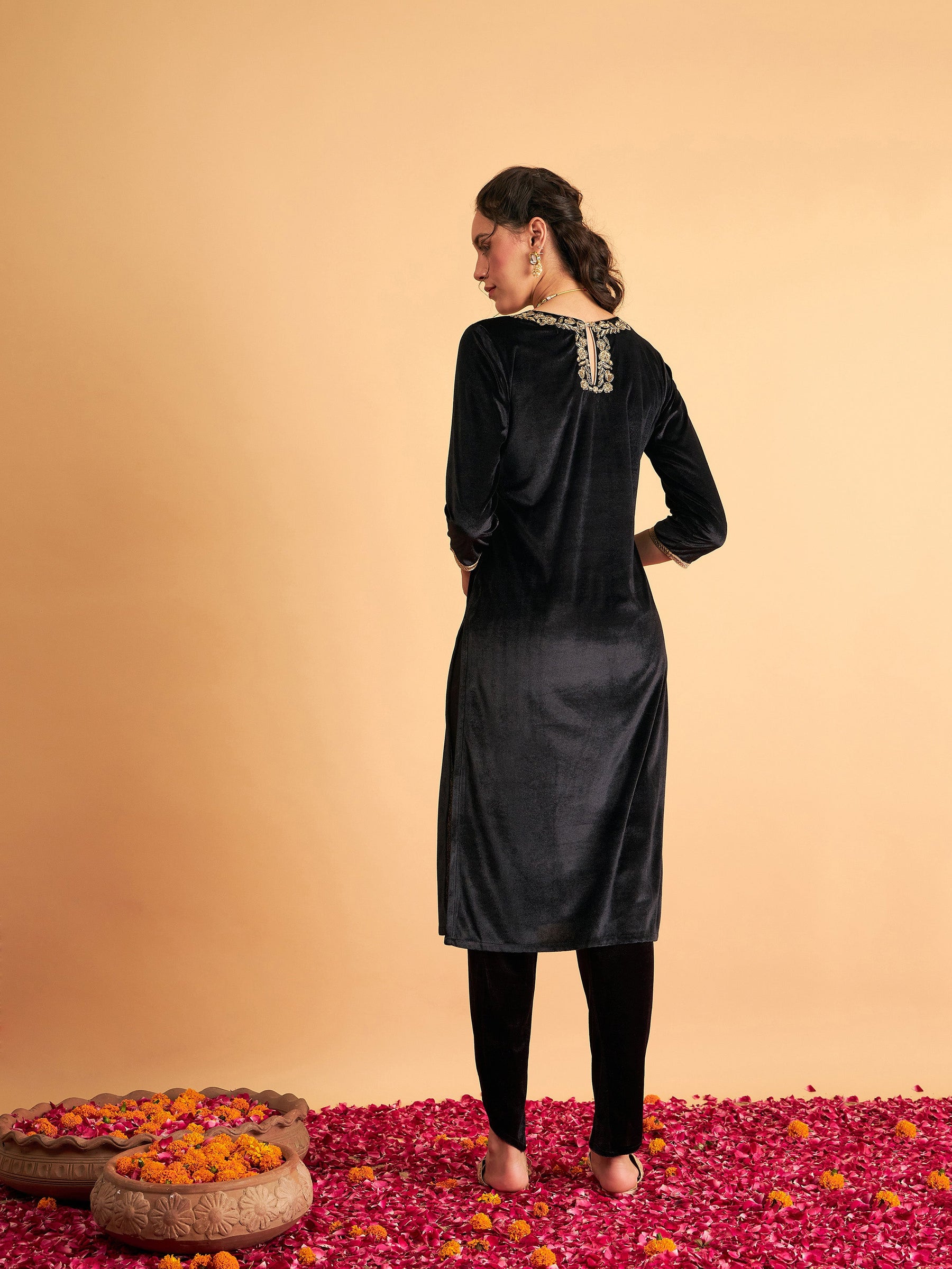 Black Velvet Zari Embroidered Pocket Straight Kurta-Shae by SASSAFRAS