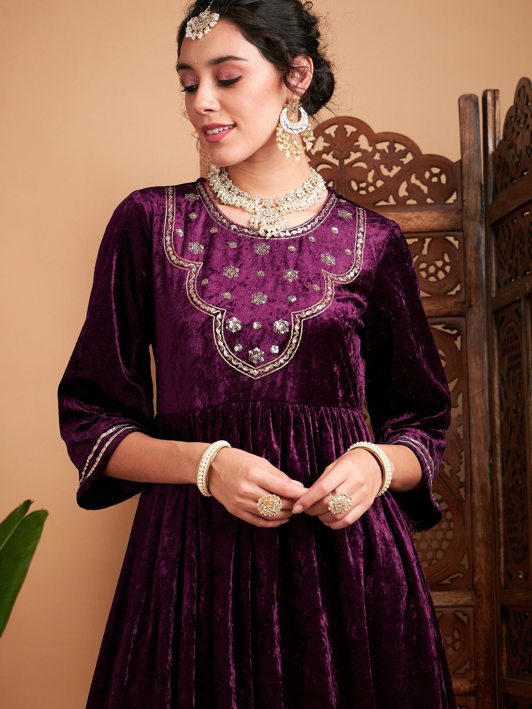 Purple Velvet Embroidered Gathered Kurta-Shae by SASSAFRAS