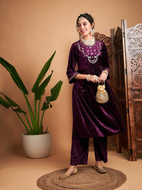 Purple Velvet Embroidered Gathered Kurta-Shae by SASSAFRAS