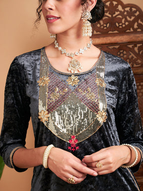 Grey Velvet Sequin Embroidered Straight Kurta-Shae by SASSAFRAS