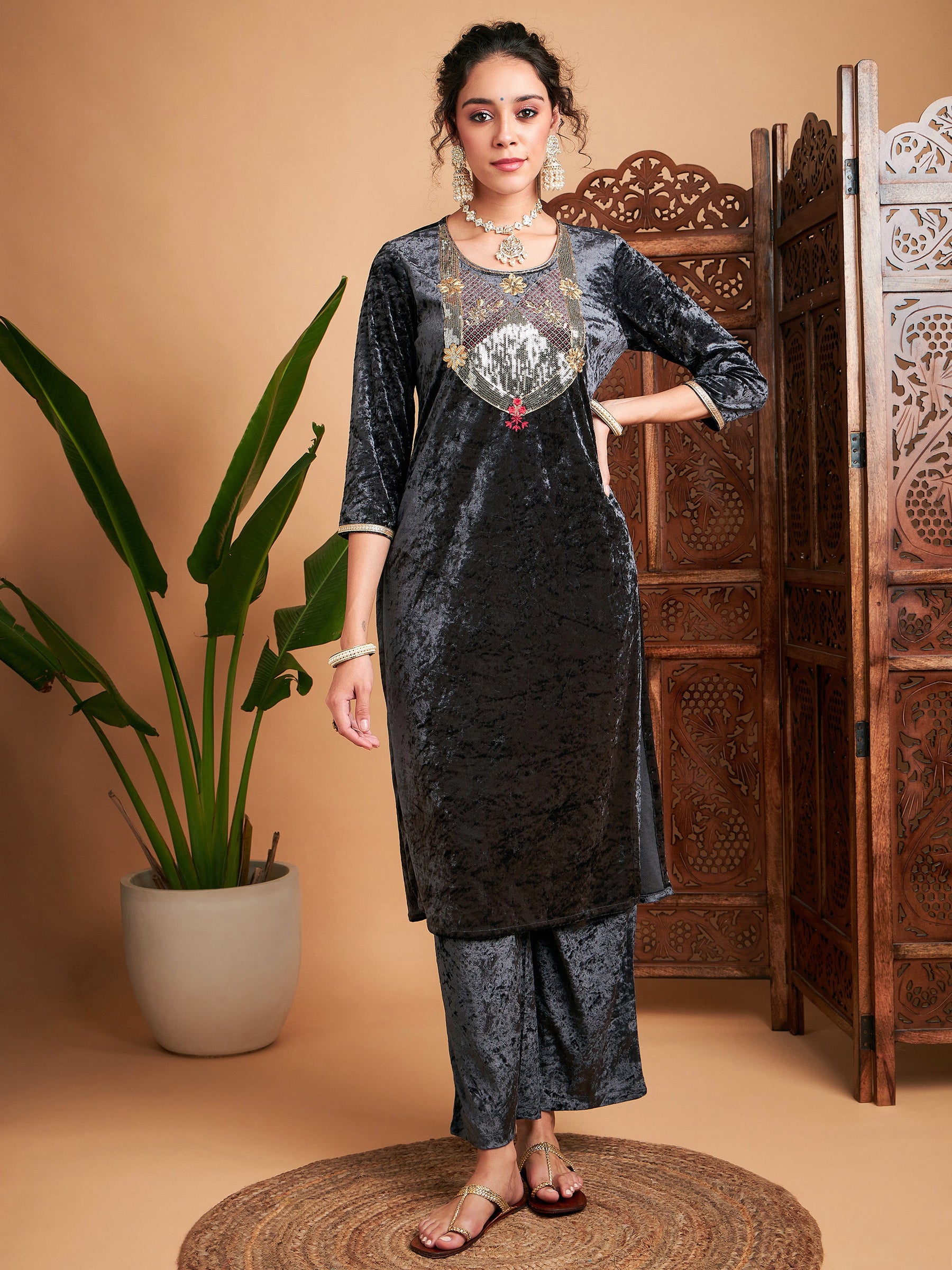 Grey Velvet Sequin Embroidered Straight Kurta-Shae by SASSAFRAS