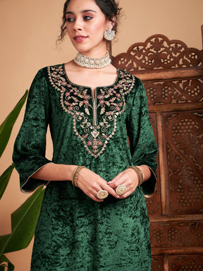 Emerald Velvet Embroidered Straight Kurta-Shae by SASSAFRAS