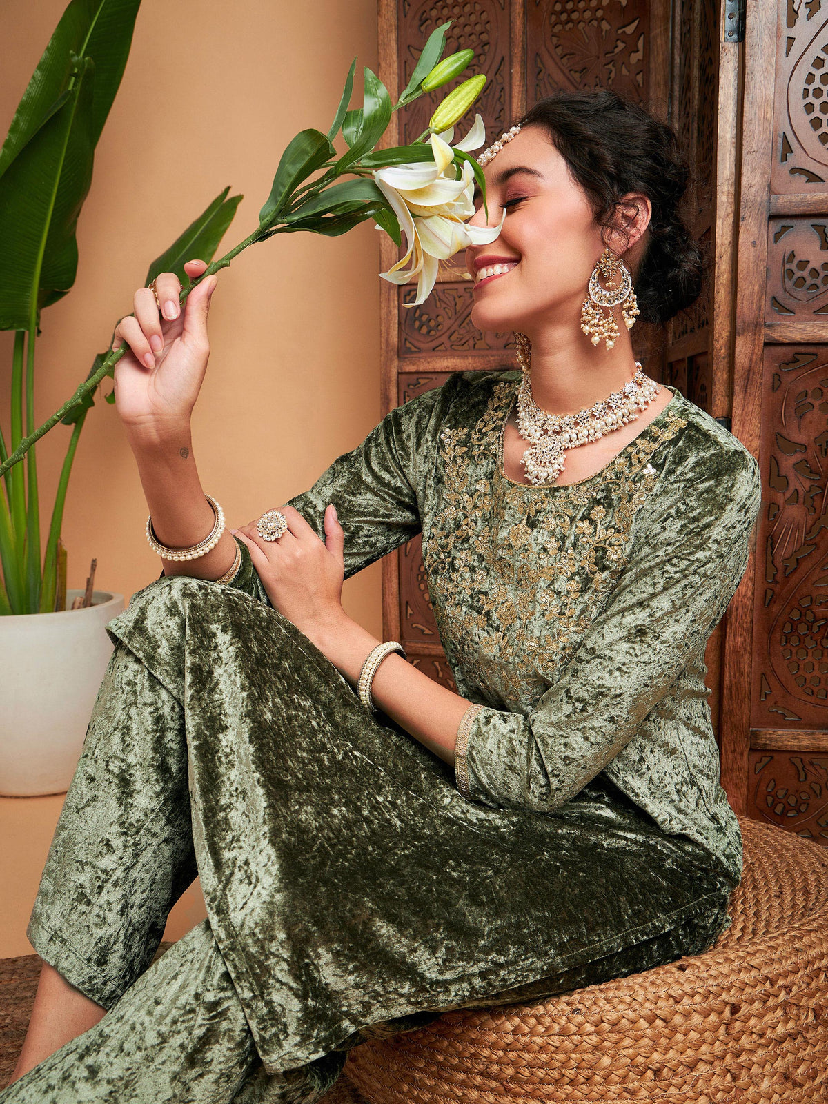Olive Velvet Sequin Embroidered Straight Kurta-Shae by SASSAFRAS