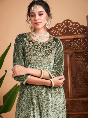 Olive Velvet Sequin Embroidered Straight Kurta-Shae by SASSAFRAS