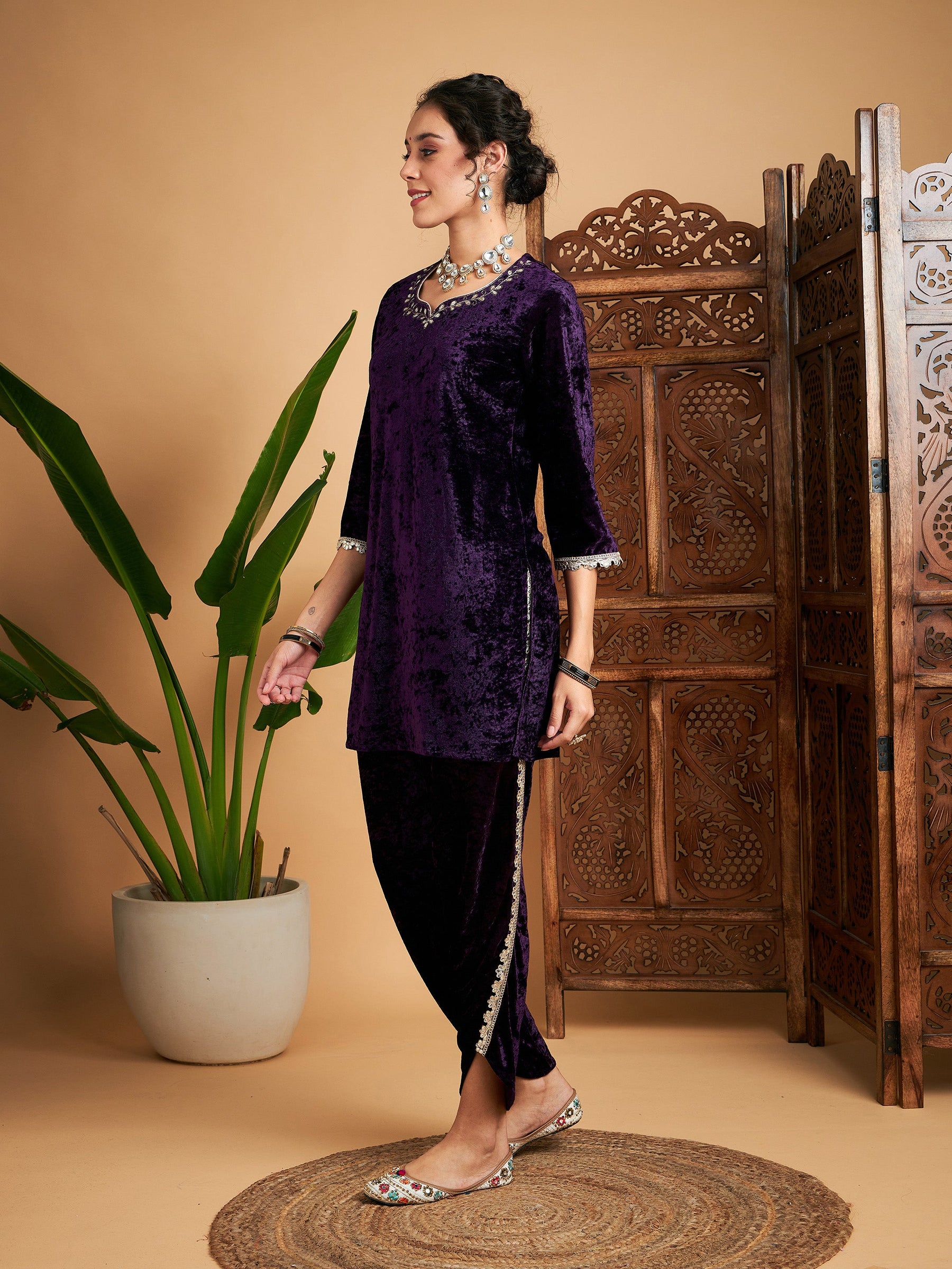 Purple Velvet Gota Patti Embroidered Short Kurta-Shae by SASSAFRAS