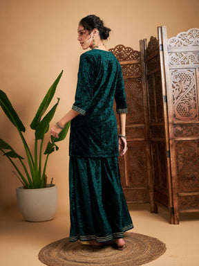 Emerald Green Velvet Embroidered Short Kurta-Shae by SASSAFRAS