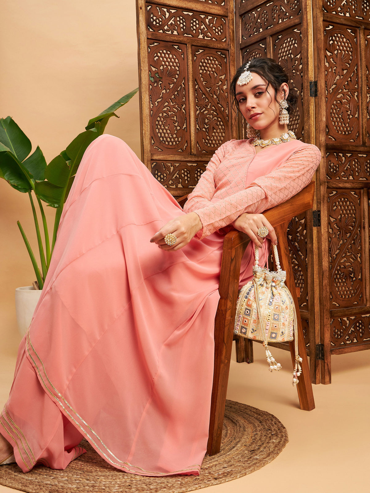 Pink Mukaish Work Wrap Anarkali Kurta-Shae by SASSAFRAS