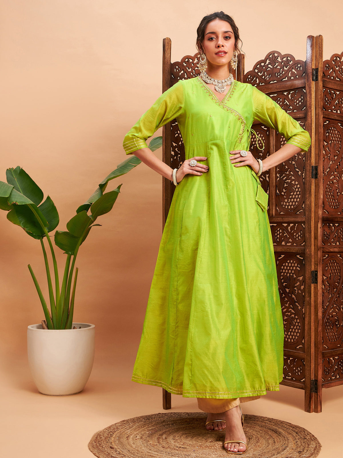 Lime Green Chanderi Embroidered Wrap Anarkali Kurta-Shae by SASSAFRAS