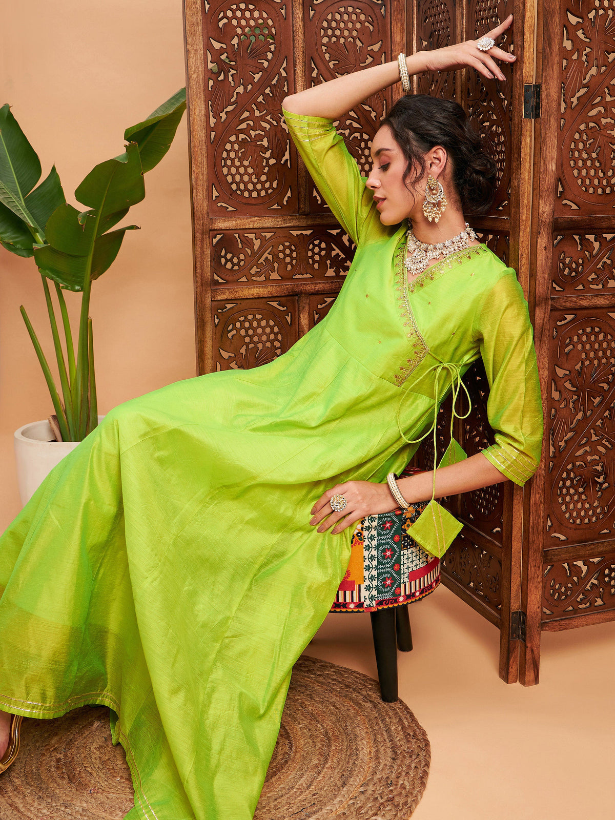 Lime Green Chanderi Embroidered Wrap Anarkali Kurta-Shae by SASSAFRAS
