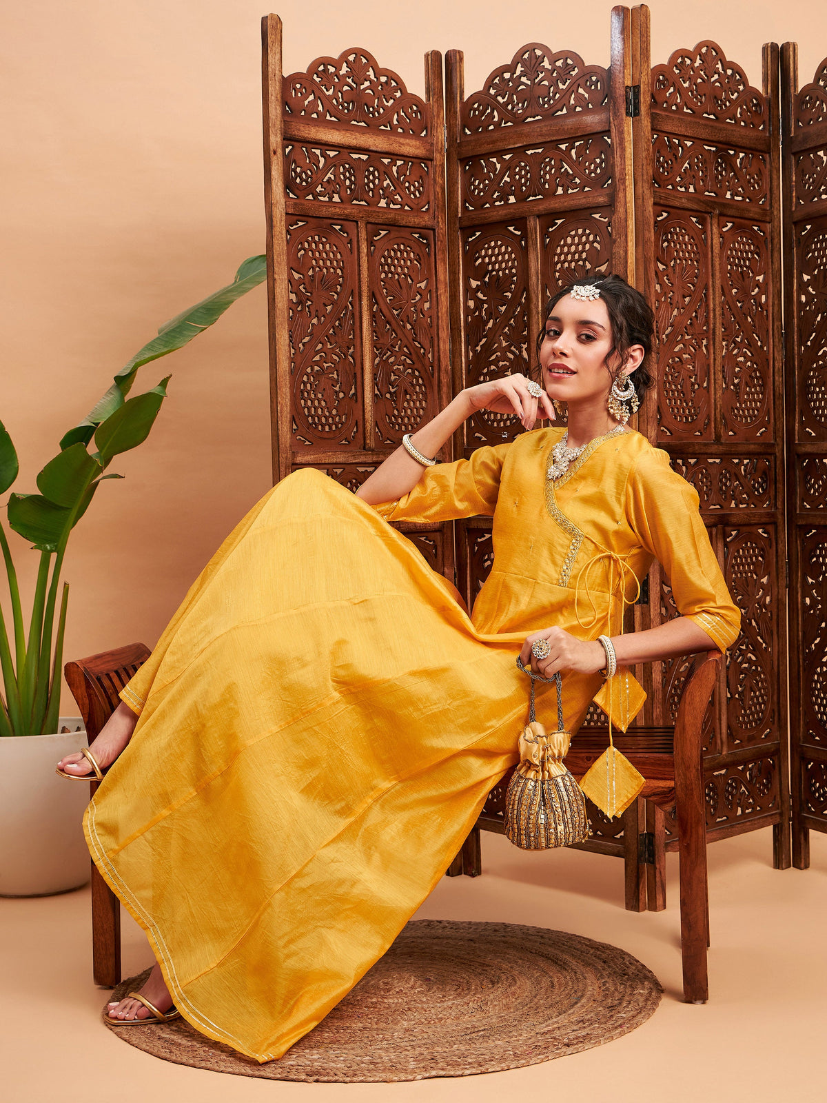 Yellow Chanderi Embroidered Wrap Anarkali Kurta-Shae by SASSAFRAS